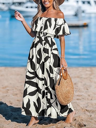 CUPSHE Women Maxi Dress Off Shoulder Ruffle Floral Summer Slit Beachwear