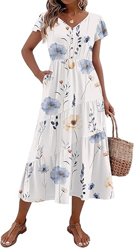 Zeagoo Summer Casual Maxi Dress Flutter Sleeve Tiered Long Dress