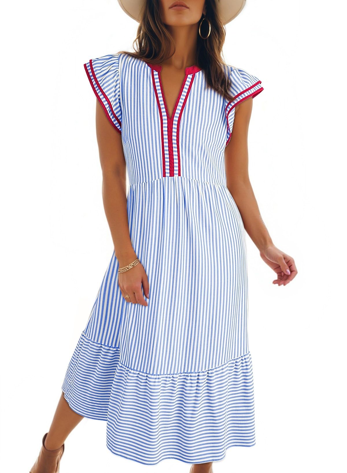 Womens Dresses 2026 Summer V-Neck Ruffle Cap Sleeve Empire Waist Flowy Striped Beach Midi Maxi Dress with Pockets