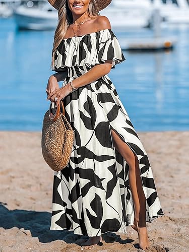 CUPSHE Off Shoulder Floral Maxi Dress Ruffle Slit Hem Beach Summer