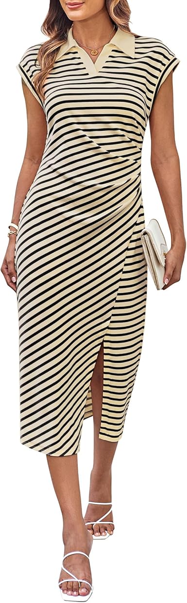 GRACE KARIN Women’s Polo V Neck Midi Dress Side Slit Ruched Summer