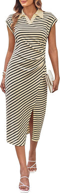 GRACE KARIN Women’s Polo V Neck Midi Dress Side Slit Ruched Summer