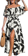 CUPSHE Women Maxi Dress Off Shoulder Ruffle Floral Summer Slit Beachwear