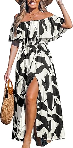CUPSHE Off Shoulder Floral Maxi Dress Ruffle Slit Hem Beach Summer