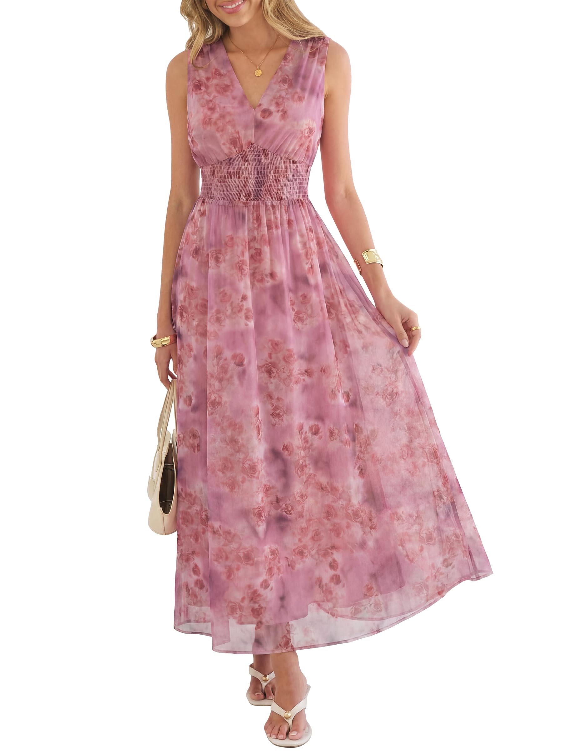 Womens Dresses 2026 Summer V-Neck Ruffle Cap Sleeve Empire Waist Flowy Striped Beach Midi Maxi Dress with Pockets