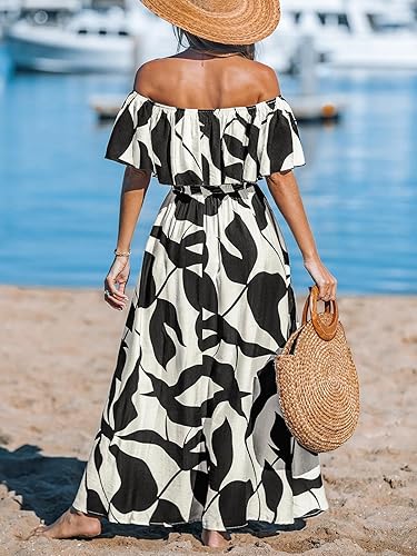CUPSHE Off Shoulder Floral Maxi Dress Ruffle Slit Hem Beach Summer