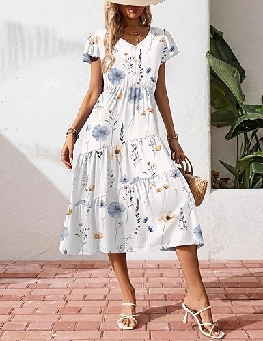 Zeagoo Summer Casual Maxi Dress Flutter Sleeve Tiered Long Dress