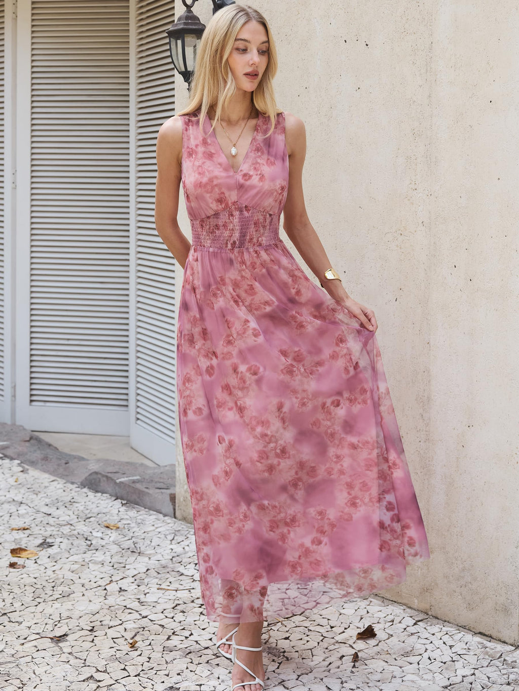 Womens Dresses 2026 Summer V-Neck Ruffle Cap Sleeve Empire Waist Flowy Striped Beach Midi Maxi Dress with Pockets