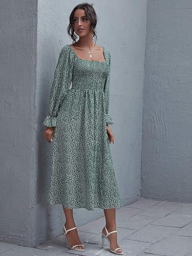 Floerns Womens Boho Maxi Dress Square Neck Smocked Long Puff Sleeve A-Line