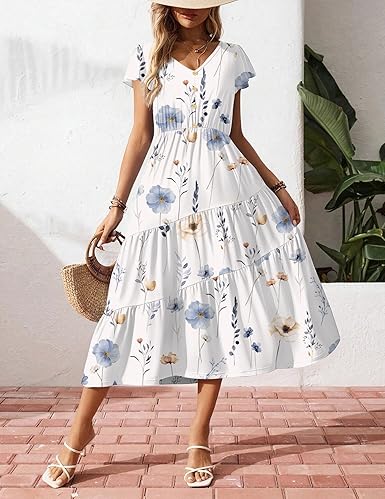 Zeagoo Summer Casual Maxi Dress Flutter Sleeve Tiered Long Dress
