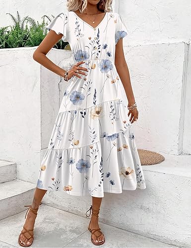 Zeagoo Summer Casual Maxi Dress Flutter Sleeve Tiered Long Dress