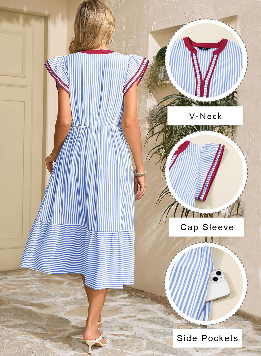 Womens Dresses 2026 Summer V-Neck Ruffle Cap Sleeve Empire Waist Flowy Striped Beach Midi Maxi Dress with Pockets