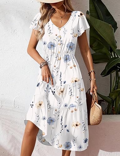 Zeagoo Summer Casual Maxi Dress Flutter Sleeve Tiered Long Dress