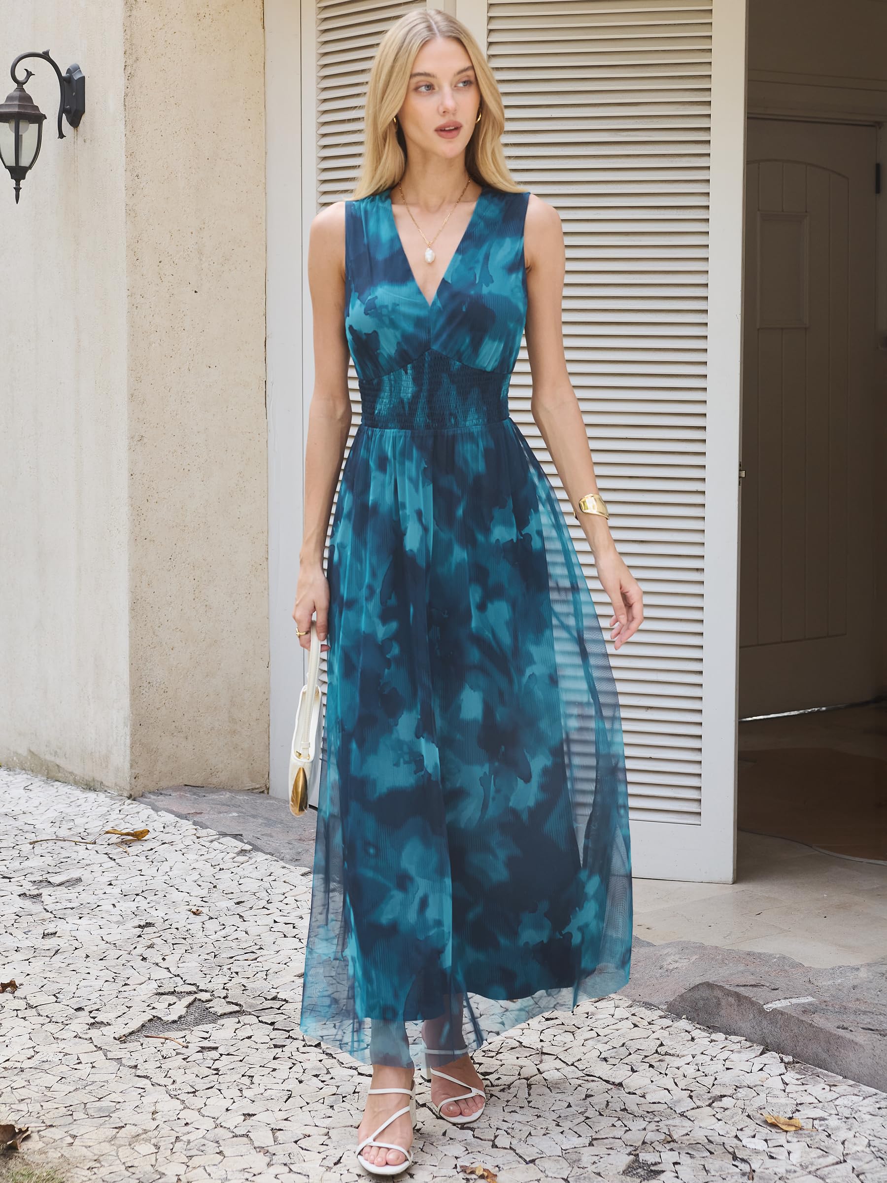 Womens Dresses 2026 Summer V-Neck Ruffle Cap Sleeve Empire Waist Flowy Striped Beach Midi Maxi Dress with Pockets