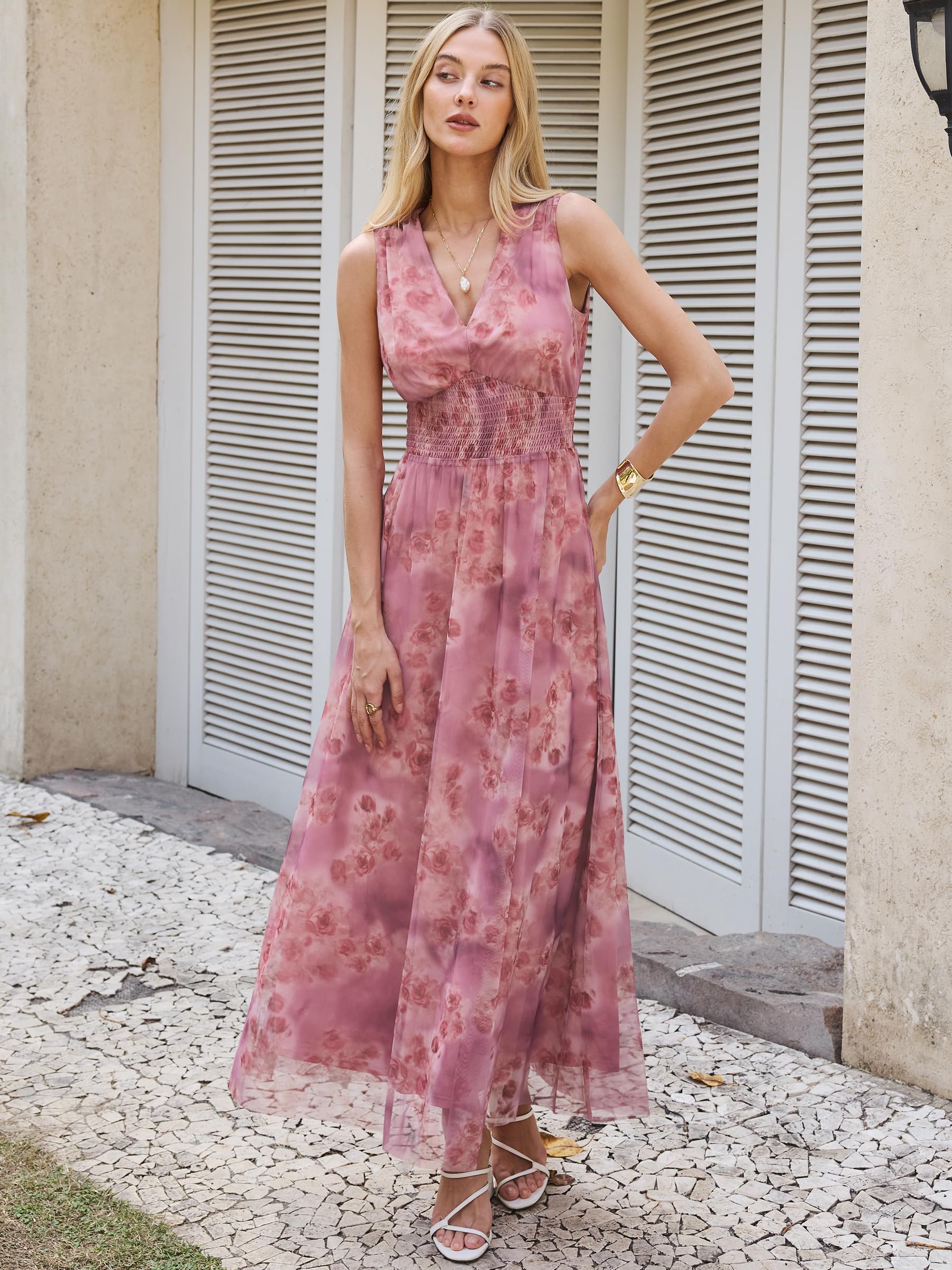 Womens Dresses 2026 Summer V-Neck Ruffle Cap Sleeve Empire Waist Flowy Striped Beach Midi Maxi Dress with Pockets